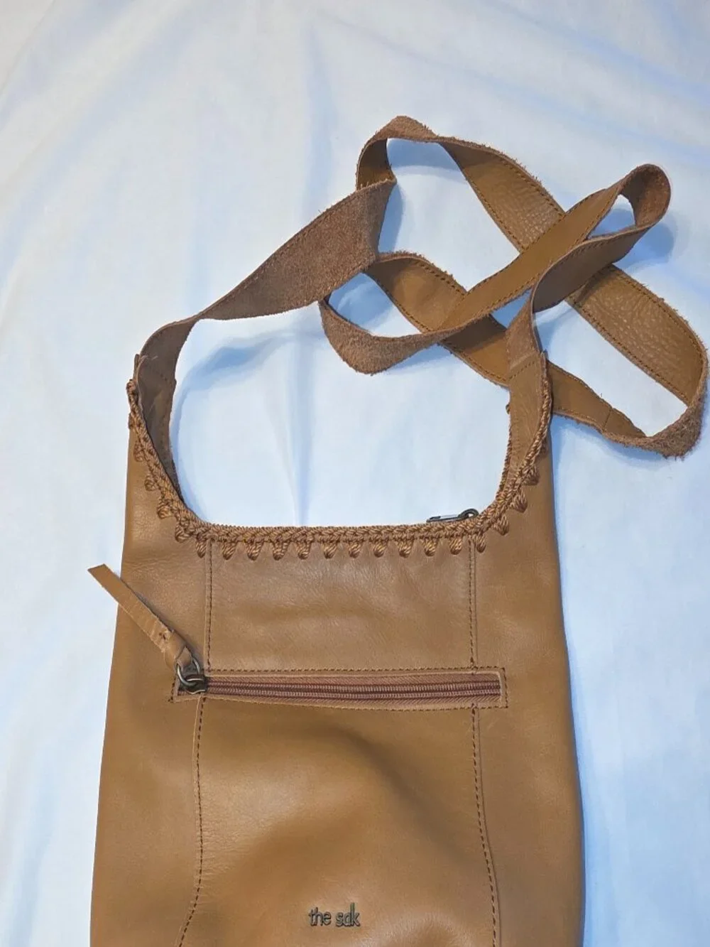 The Sak Asher Leather Crossbody Bag Neutral Tan Soft Strap Stitched Crochet Trim